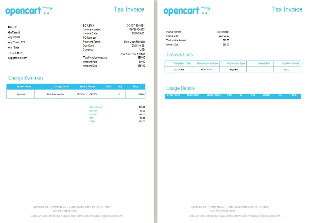 Hong Kong OpenCart tax invoice PSD template